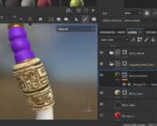Tu'lia's Staff carved bone midsection in Substance 3D Painter, showing the purple grip, brass band, and carved ivory-toned section.