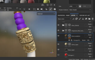Tu'lia's Staff carved bone midsection in Substance 3D Painter, showing the purple grip, brass band, and carved ivory-toned section.