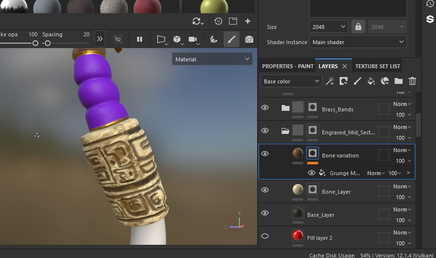 Tu'lia's Staff carved bone midsection in Substance 3D Painter, showing the purple grip, brass band, and carved ivory-toned section.