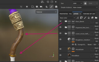Tu'lia's Staff in Substance 3D Painter showing the completed curved lower wood shaft and brass collar.